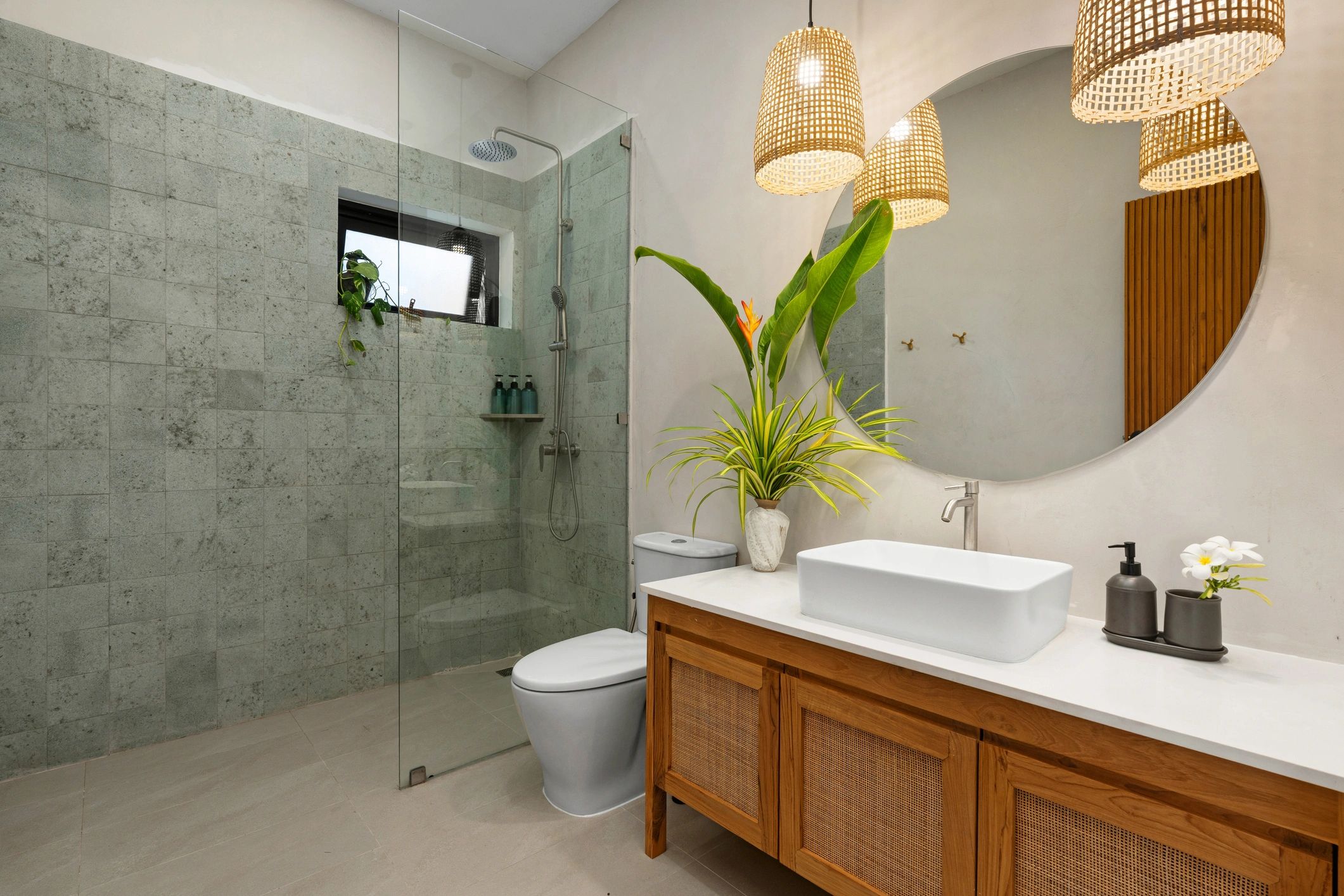 Modern bathroom remodel with wood vanity and walk-in shower